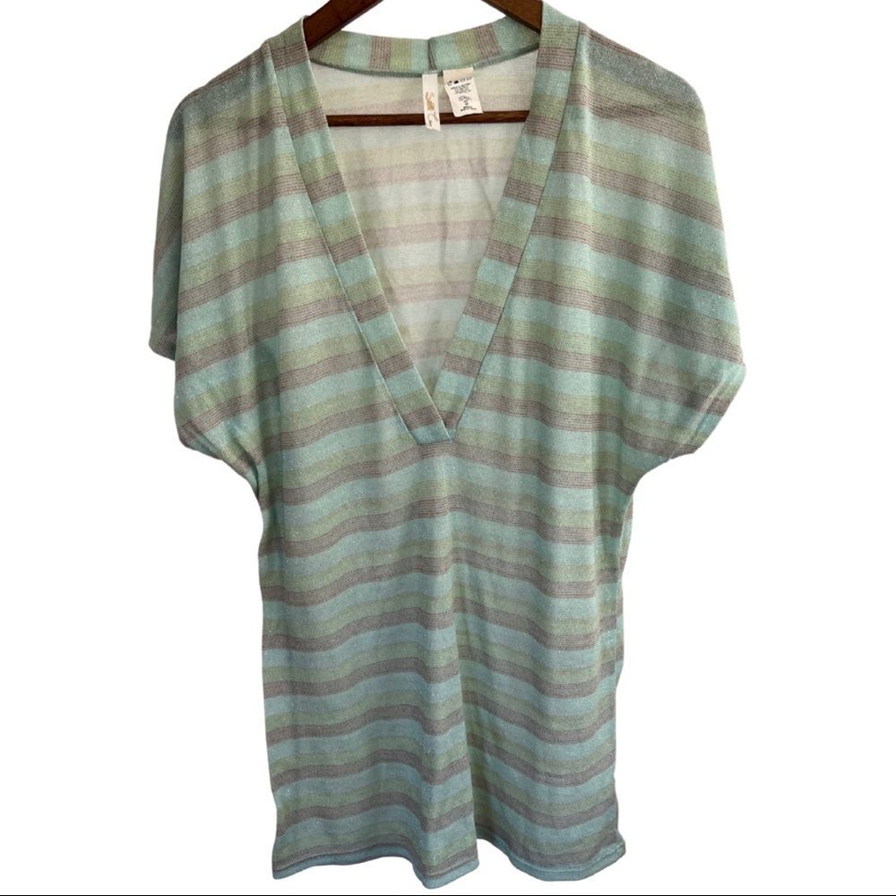 Stella Cruz Green Blue Pastel Striped Tunic Swim Cover Up Shimmery Thread Medium